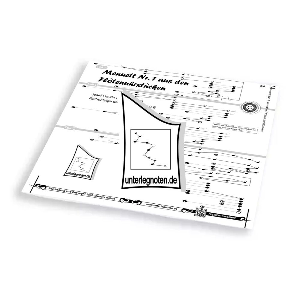 Menuett Nr. 1 aus den Flötenuhrstücken Unterlegnote für Tischharfe, Veeh-Harfe, Harmonieharfe und Zauberharfe