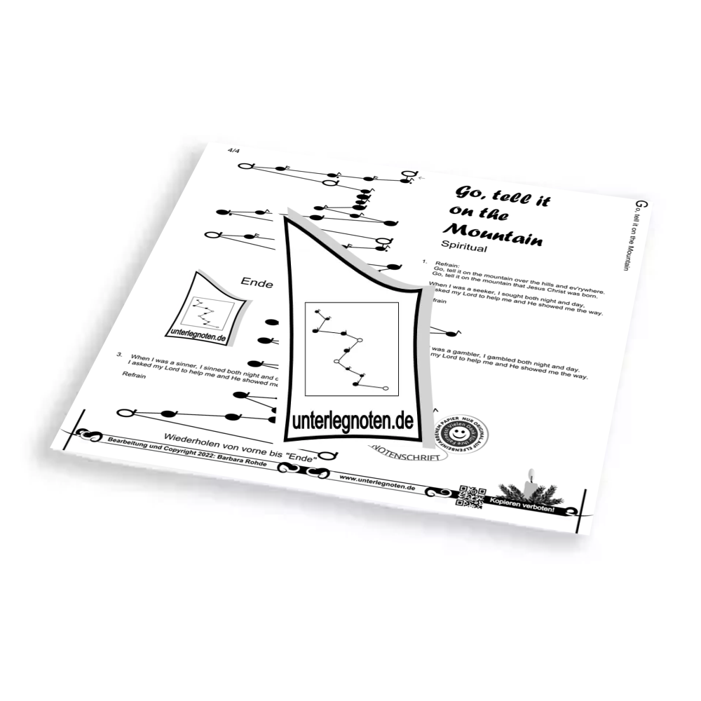 Go, tell it on the mountains ("Kommt sagt es allen weiter") - OHNE BEGLEITTÖNE Unterlegnote für Tischharfe, Veeh-Harfe, Harmonieharfe und Zauberharfe